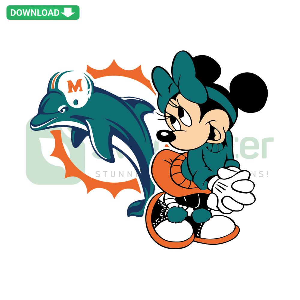 Miami Dolphins Minnie SVG: Cute graphic of Minnie Mouse in a Dolphins uniform, perfect for crafting, instant digital download.