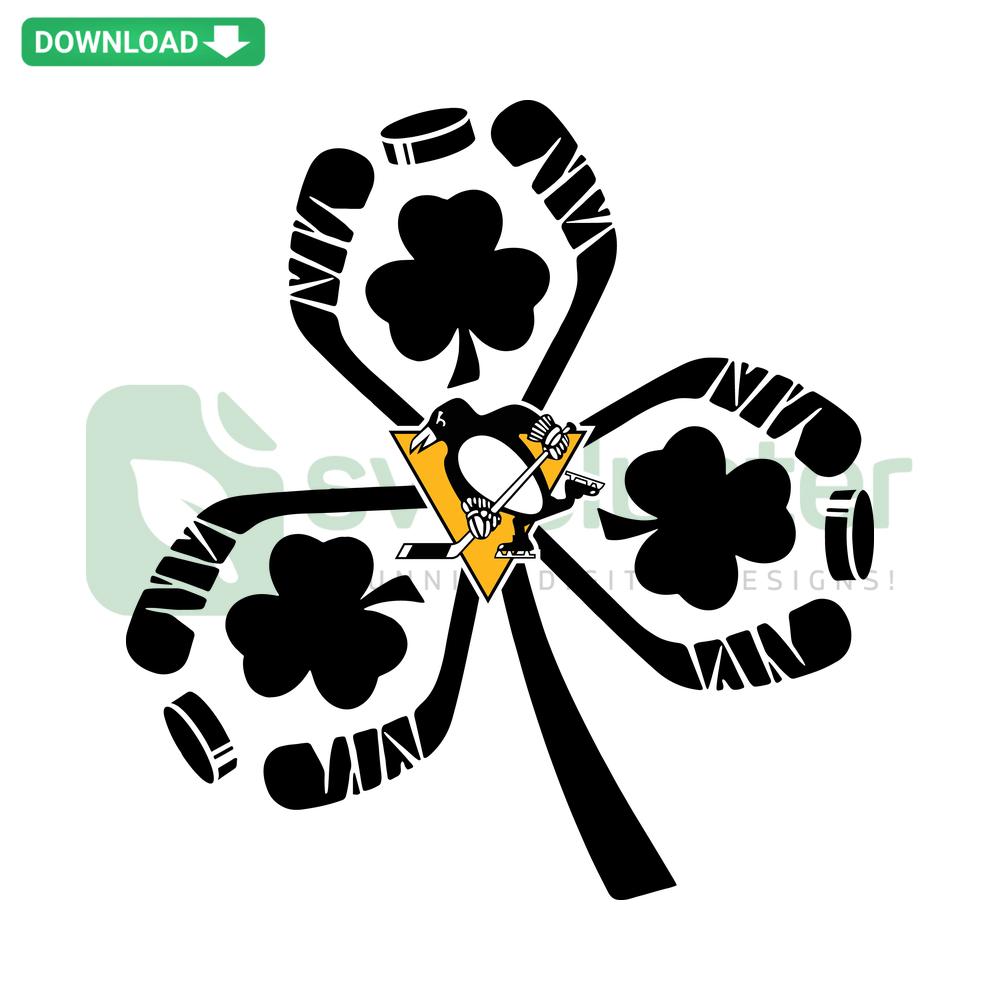 Shamrock Hockey St Patricks Day Pittsburgh Penguins SVG design featuring clover and hockey elements for printable projects.