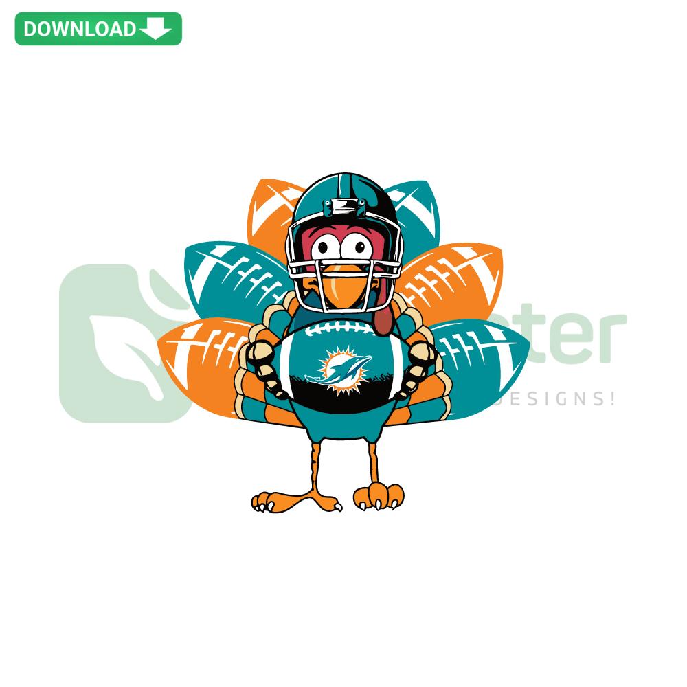 Miami Dolphins-themed Turkey SVG: festive design, digital download, SVGCluster assets, perfect for Thanksgiving crafts.