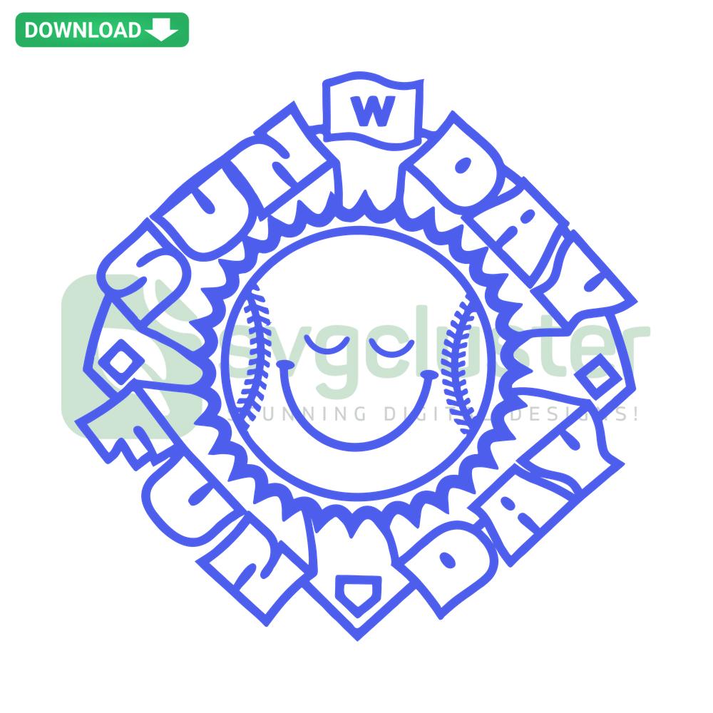 Chicago Cubs Baseball SVG Clip Art with Sunday Funday text, featuring iconic Cubs logo, perfect for sports-themed crafts and designs.