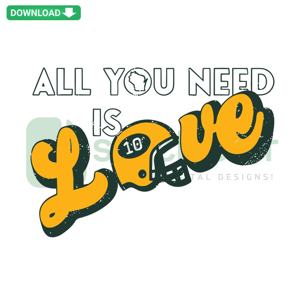 Green Bay Packers helmet SVG featuring All You Need Is Love text, perfect for customizing fan gear.