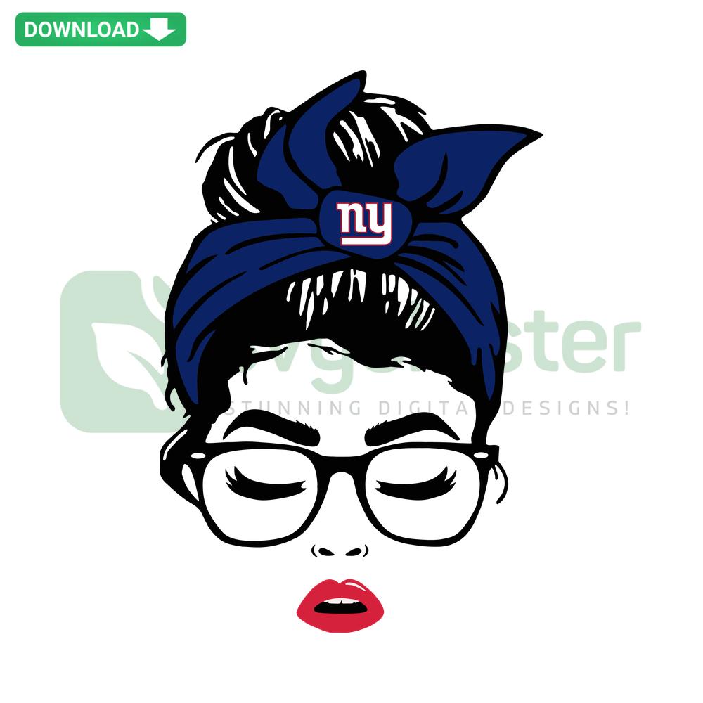 New York Giants Football Messy Bun Girl SVG, feminine sporty hairdo, card design template, fan art.