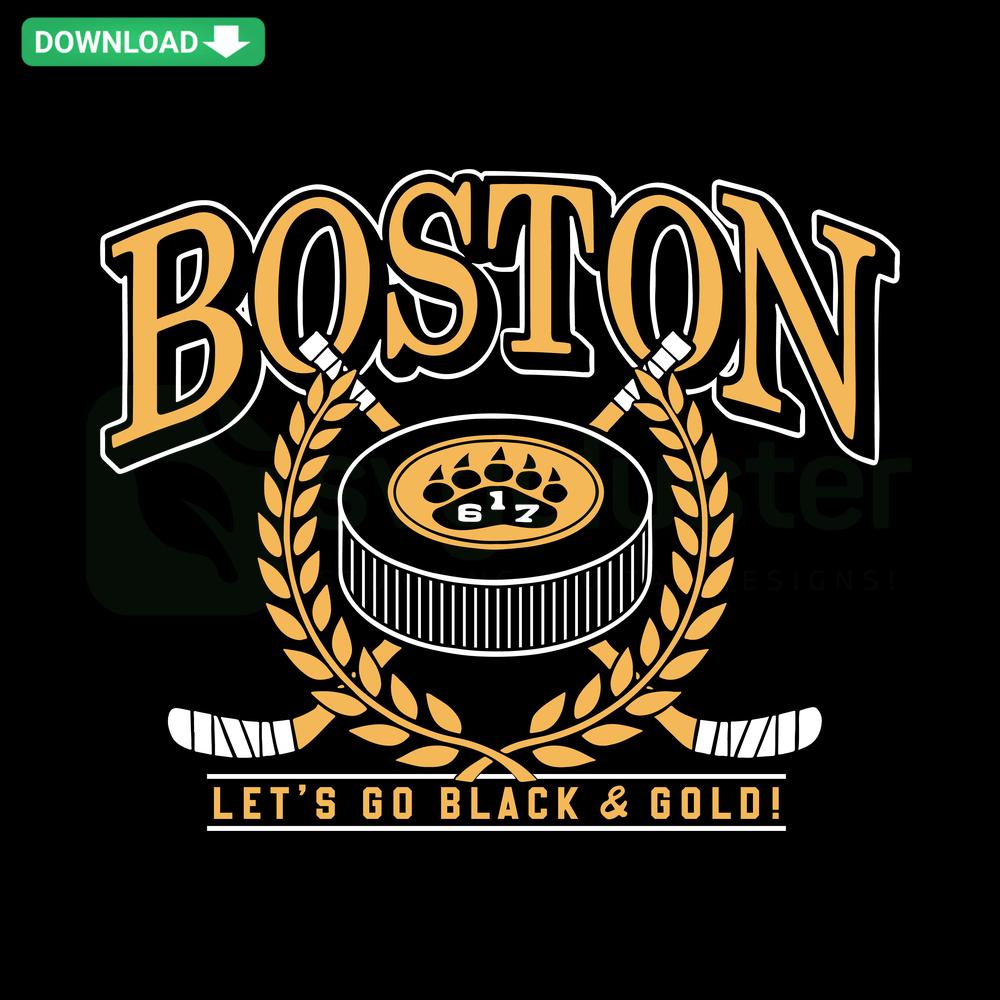 Boston Bruins Lets Go Back And Gold NHL SVG, Cricut-ready, black and gold design featuring team logo and phrase for digital download.