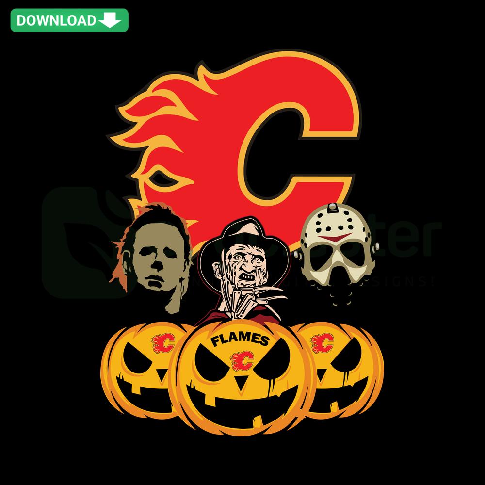 Calgary Flames Halloween Horror Pumpkin SVG, SVG Crafting Design featuring flames-themed pumpkin with horror elements.