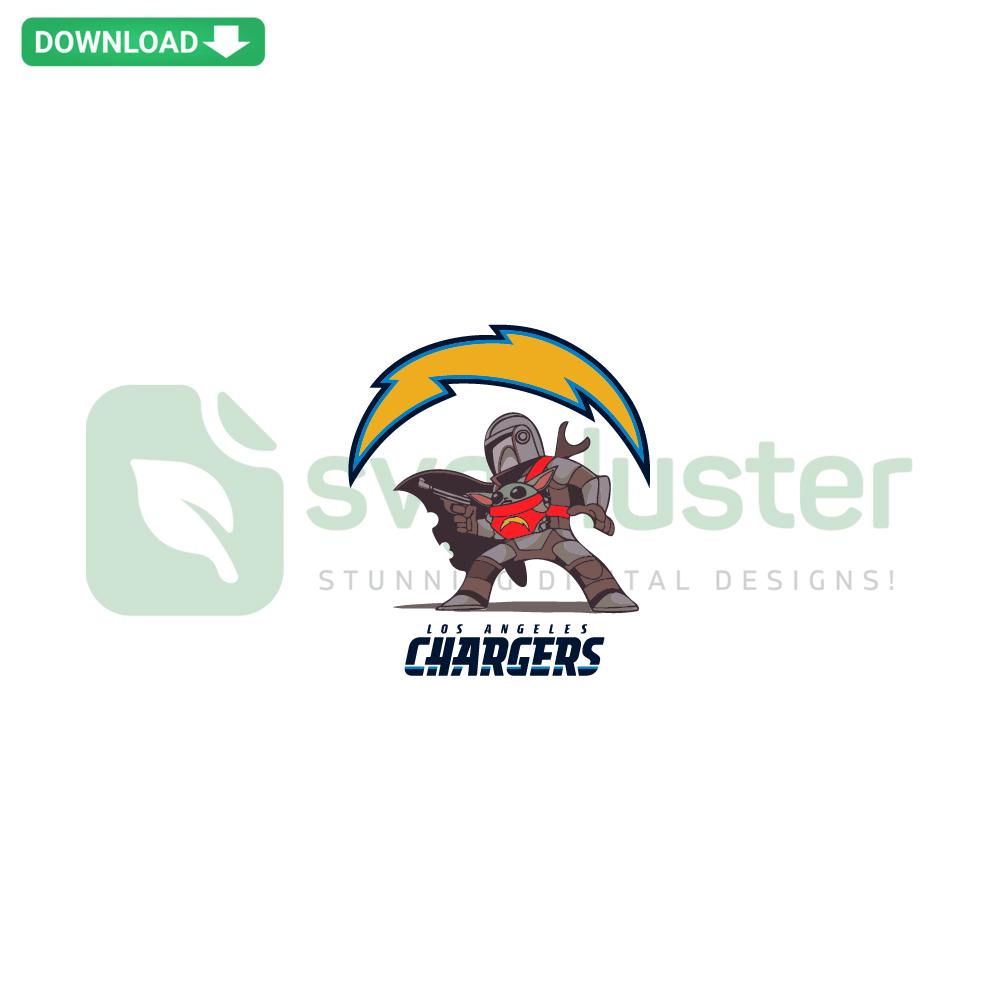 Mandalorian Baby Yoda wearing Los Angeles Chargers gear, SVG download for Cricut, perfect for NFL fan crafts.