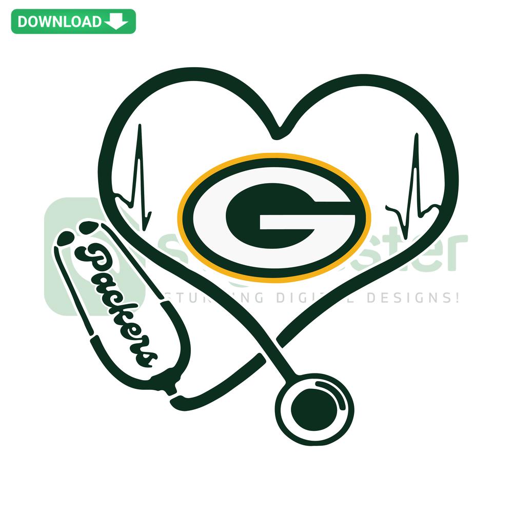 Heart-shaped Green Bay Packers stethoscope SVG design, seamless instant download, perfect for sports-themed healthcare graphics.
