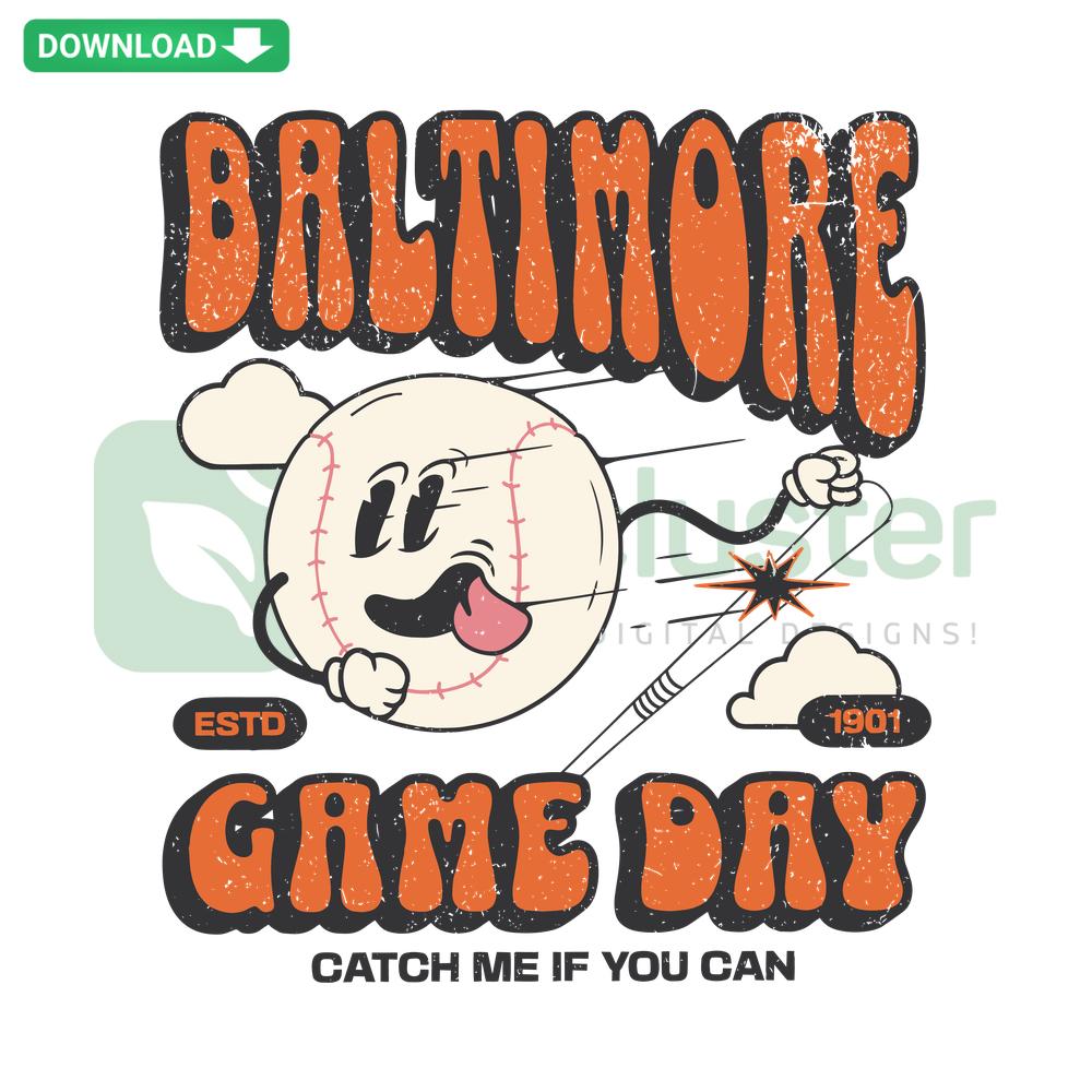 Baltimore Oriole cartoon with Catch Me If You Can text, perfect for Game Day T-shirts. Fun SVG design.