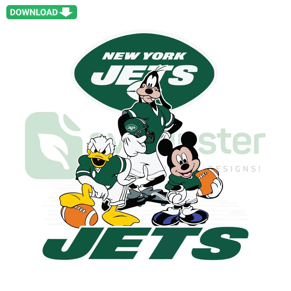Mickey and Friends New York Jets SVG featuring Mickey, Donald, and Goofy in Jets gear, NFL-themed digital asset by SVGCluster.
