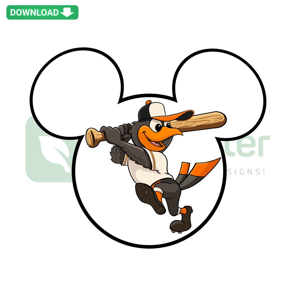 Mickey Mouse Baltimore Orioles MLB SVG, featuring iconic mouse ears with team logo, ideal for DIY crafts and printables.