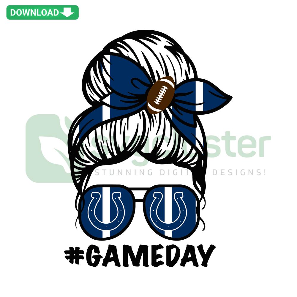 Indianapolis Colts Messy Bun Mom SVG, game day-themed design with football elements, perfect for crafting and DIY projects.