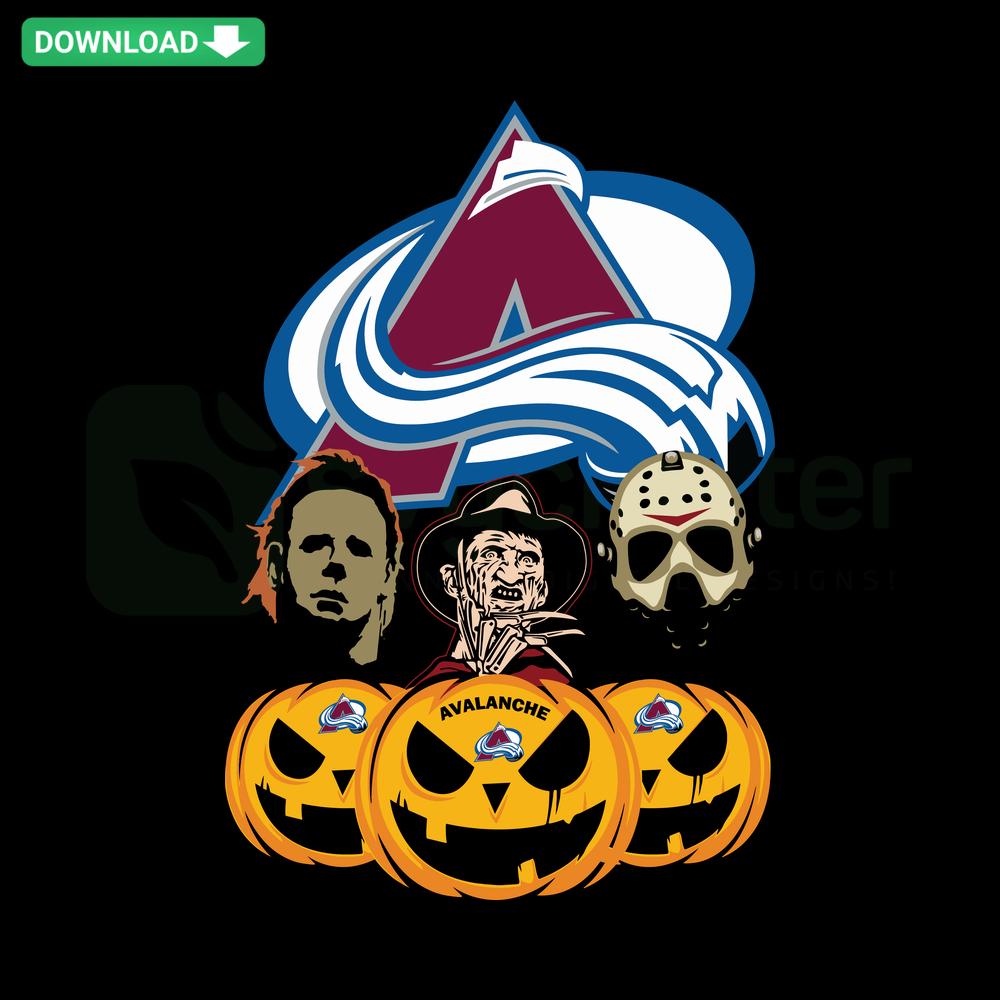 Colorado Avalanche Halloween Pumpkin SVG featuring horror movie elements, vector design for crafts, cutting machines, spooky decor.