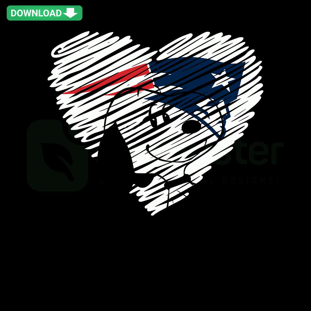 New England Patriots Snoopy Heart SVG, Editable SVG Files: Snoopy cradling heart with Patriots logo, perfect for fan crafts.