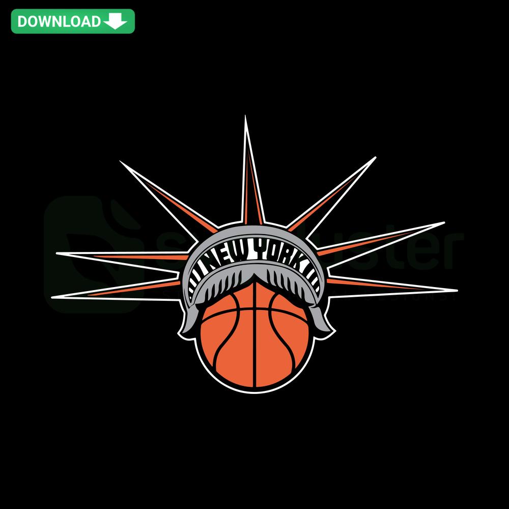 New York Basketball Liberty SVG Digital Download: Custom SVG with Statue of Liberty holding basketball, iconic skyline background.