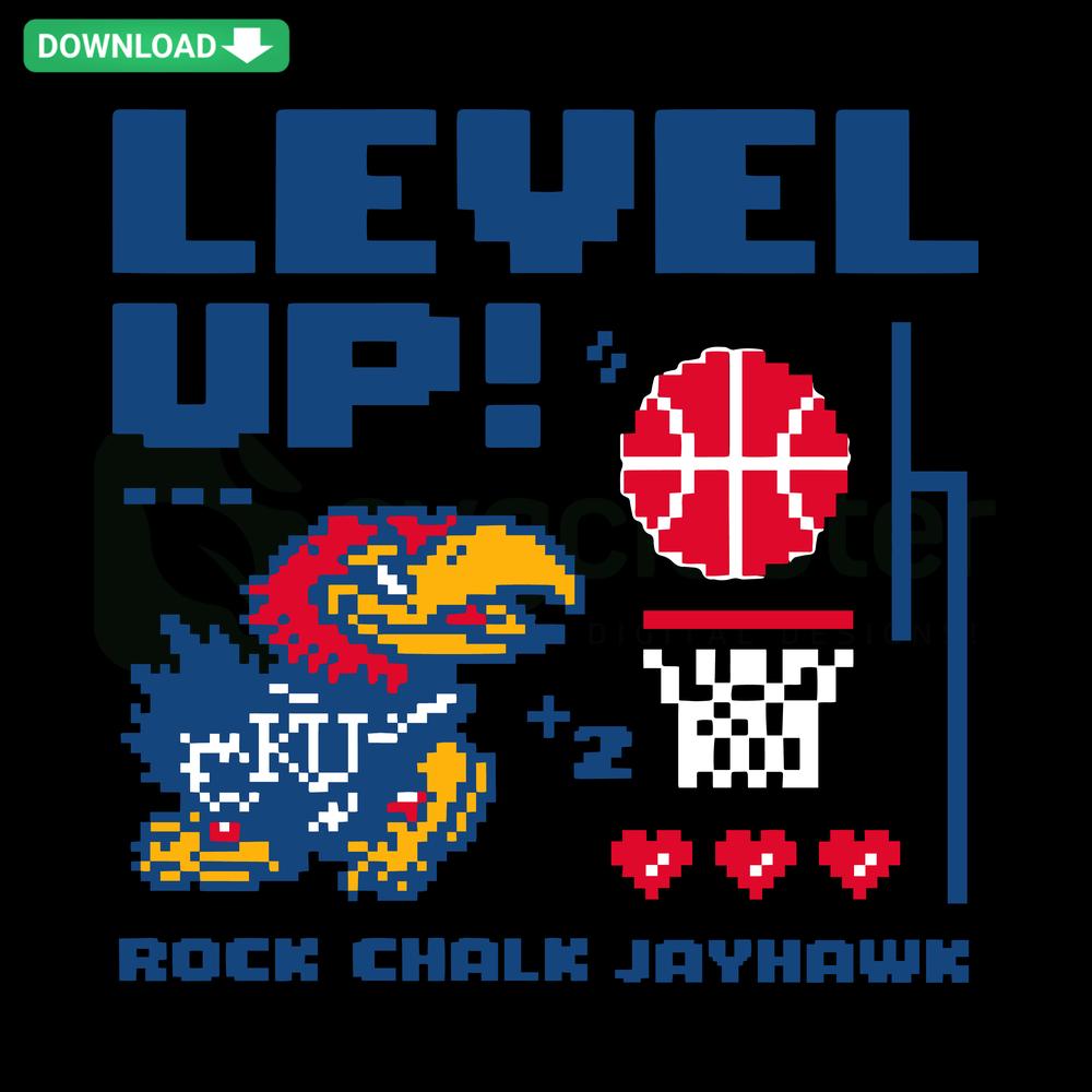 Humorous Kansas Jayhawks basketball SVG with playful 'Level Up' design; premium digital file for designers.