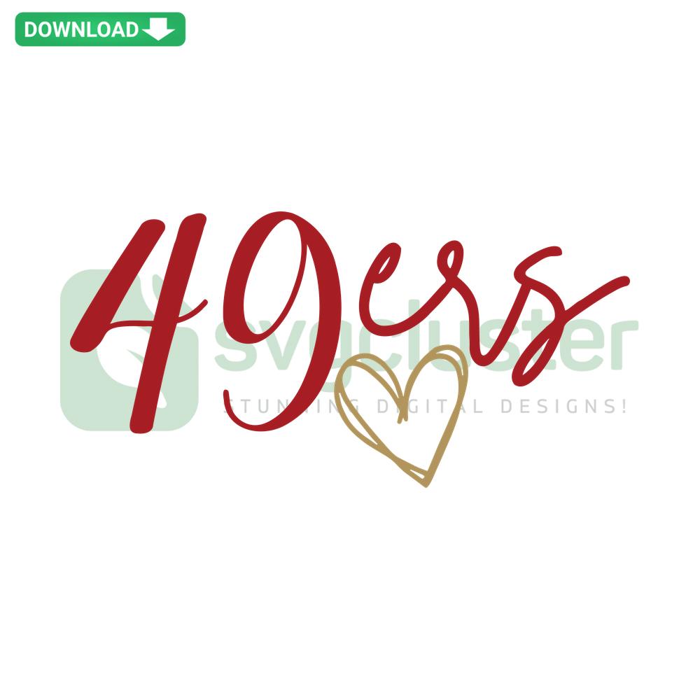 49ers Heart Football SVG Cricut Download: Red heart with 49ers logo, football elements, digital asset for printing/crafting projects.