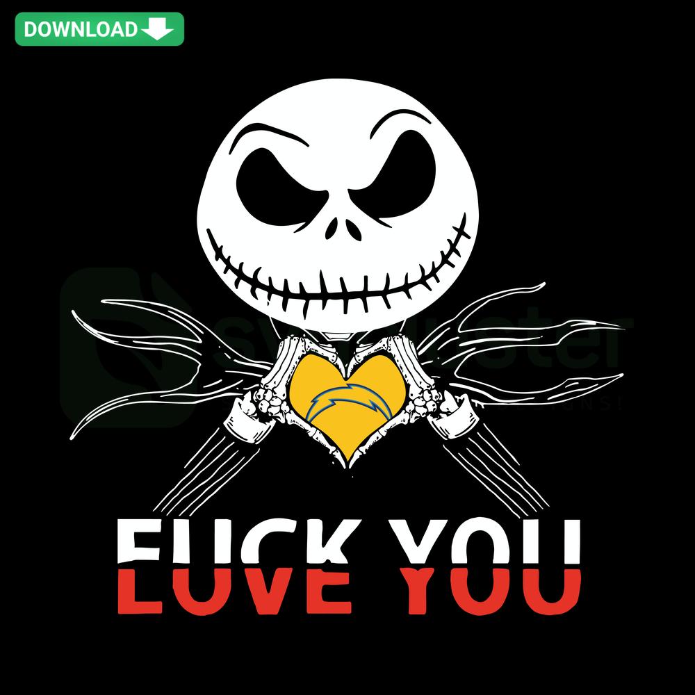Jack Skellington in Los Angeles Chargers gear, holding heart; perfect for SVG lovers, vector design enthusiasts, sports fans.