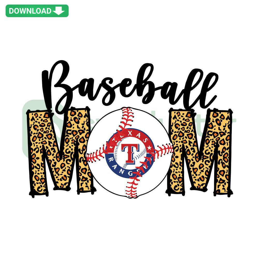 Texas Rangers Baseball Mom SVG design featuring team colors, baseball graphics, and script font for digital download.