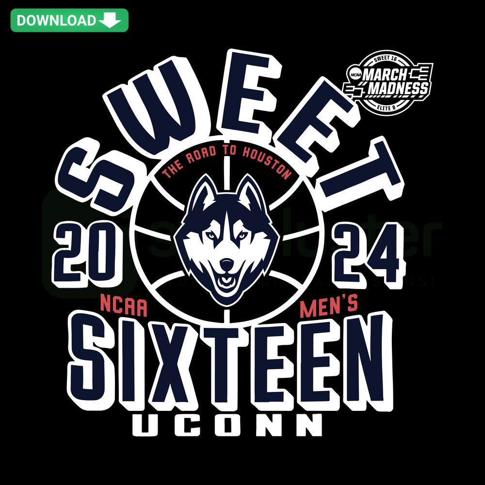 UConn Huskies 2024 Sweet 16 NCAA Men’s Basketball SVG, blue and white logo design, printable SVG files for fans.