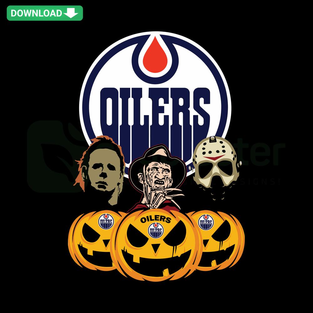 Edmonton Oilers horror movie pumpkin design, Halloween SVG, printable craft template with Oilers logo, spooky style.