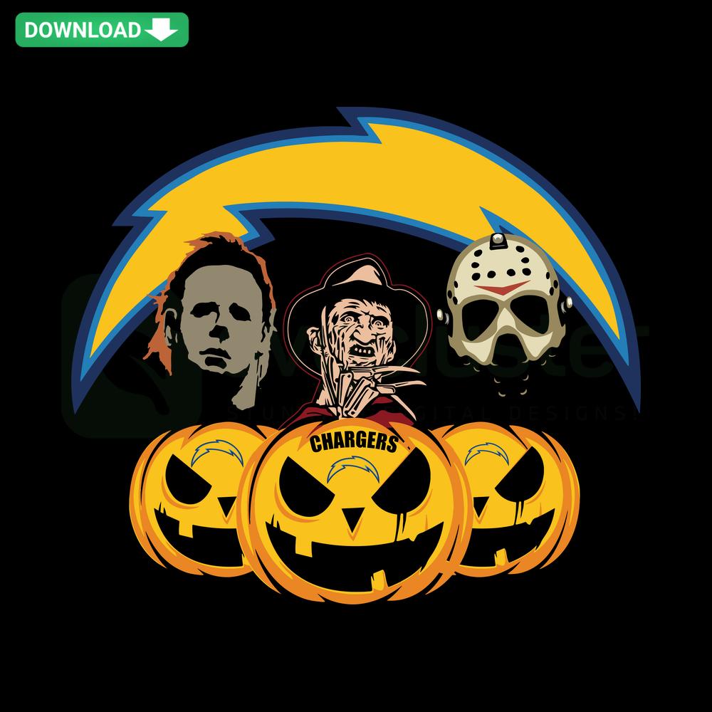 Los Angeles Chargers pumpkin with horror movie theme, Halloween SVG, downloadable vector graphics.