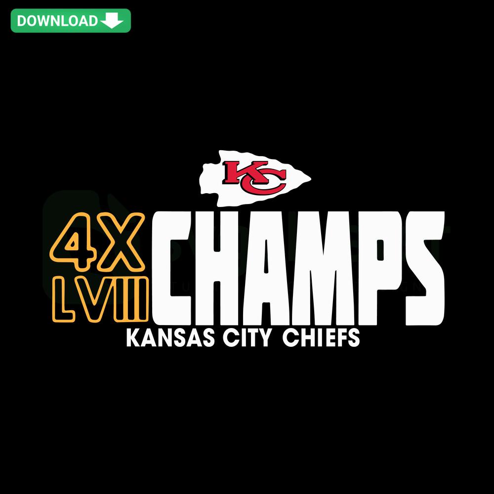4x Champs Super Bowl LVIII Kansas City Chiefs SVG, Downloadable Design for Graphic Projects