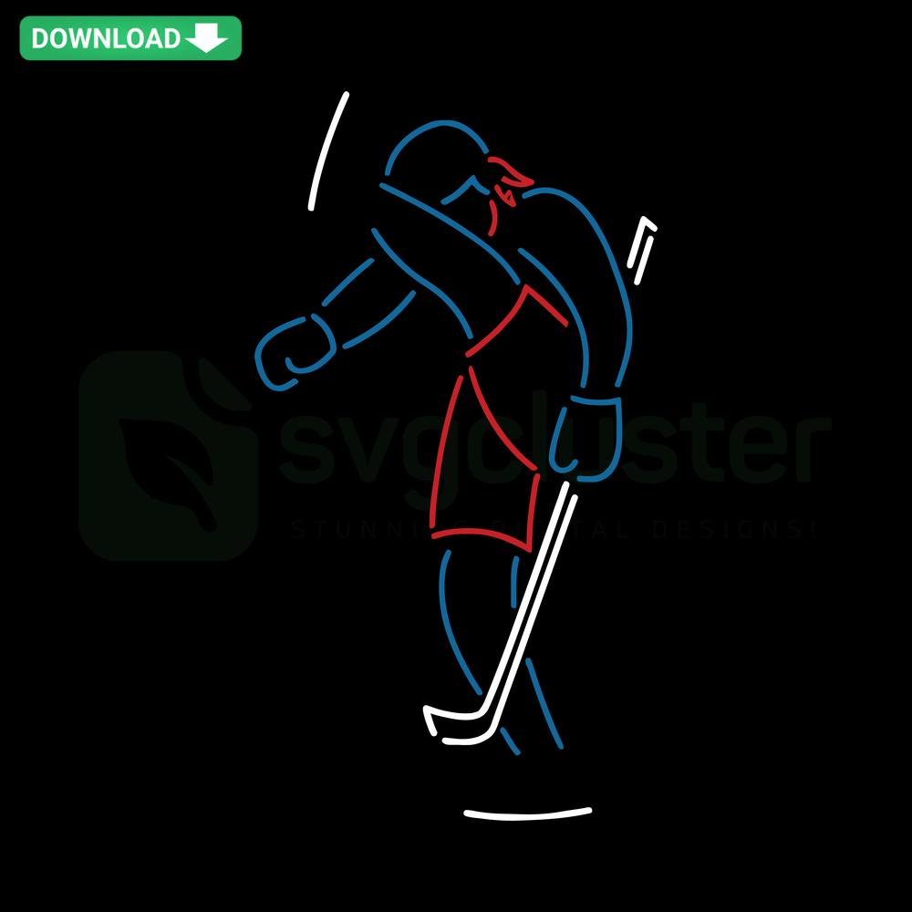 Artemi Panarin Rangers Neon Goal Celebration SVG, dynamic hockey wall art design featuring vibrant blues and iconic player pose.