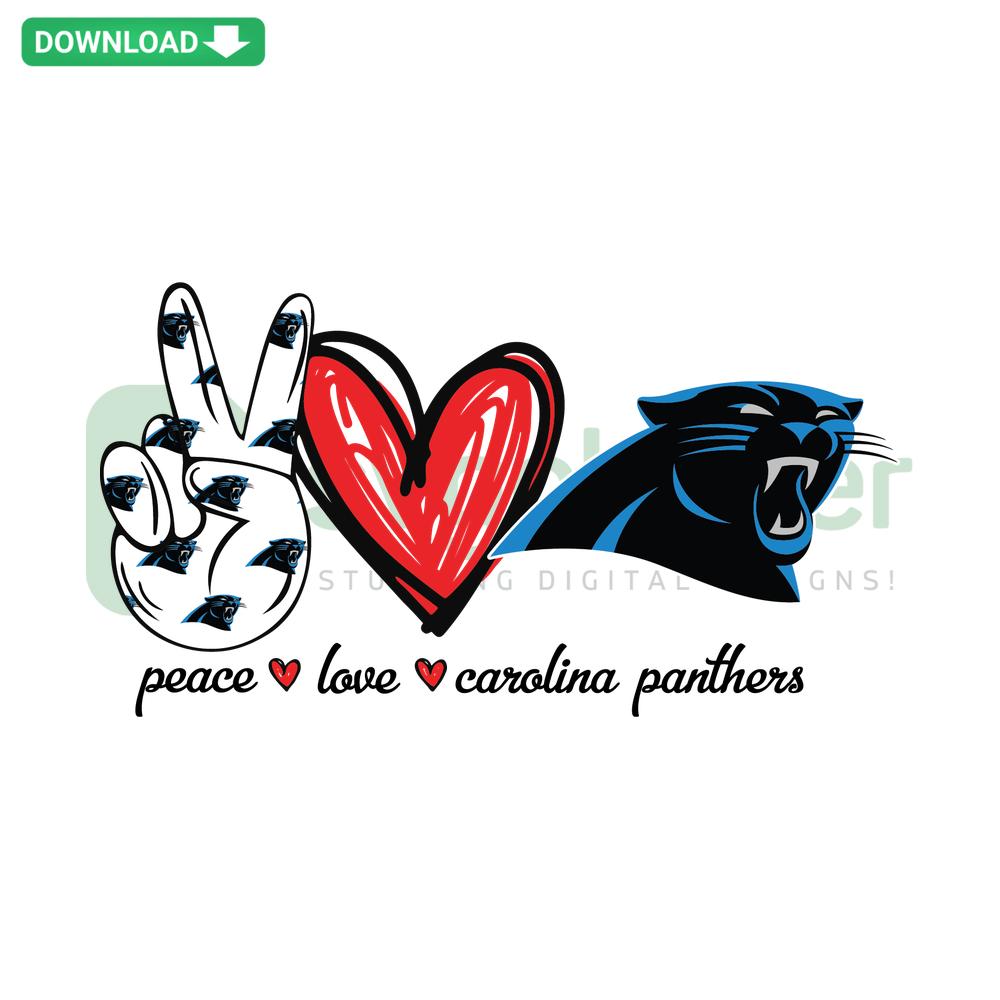 Peace Love Carolina Panthers SVG with heart, peace sign, and team logo in black, blue for craft projects, SVGCluster Digital Assets