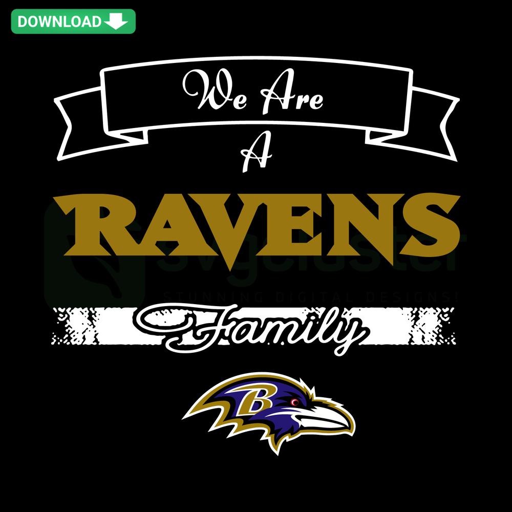 Ravens Family SVG Design, SVGCluster Digital Download: Bold text with ravens silhouette, perfect for crafts and decorations.
