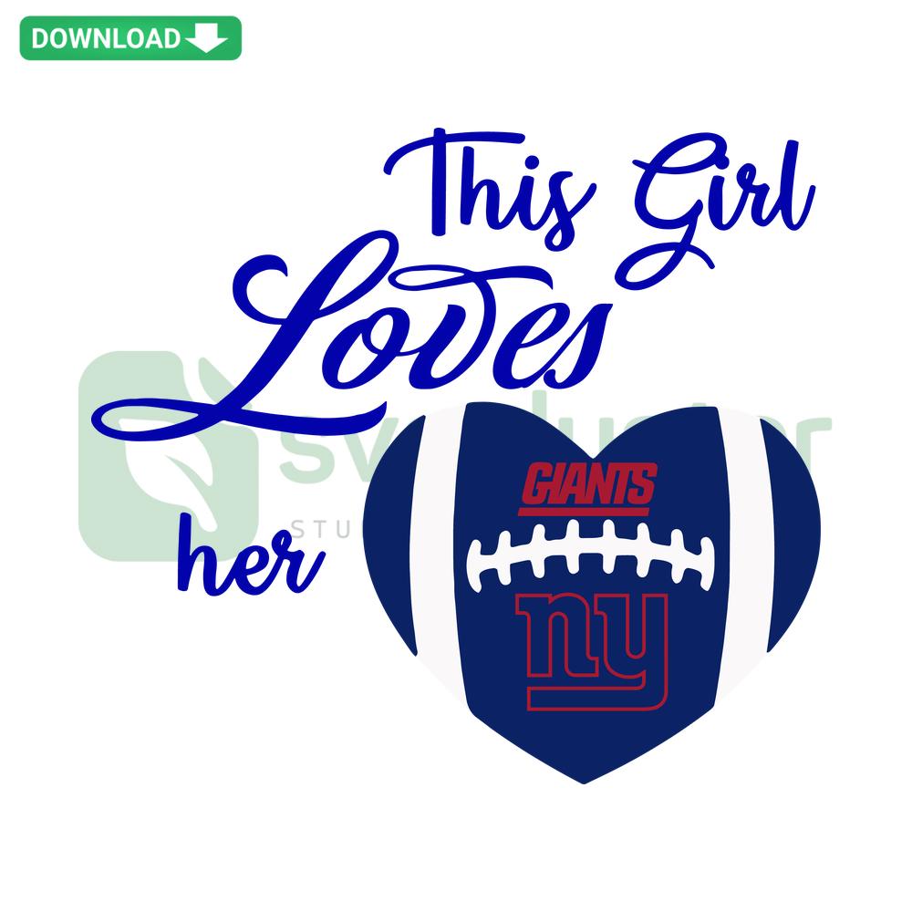 This Girl Loves Her New York Giants SVG with heart motifs, perfect for card templates, ideal for fans, vibrant blue & red design.