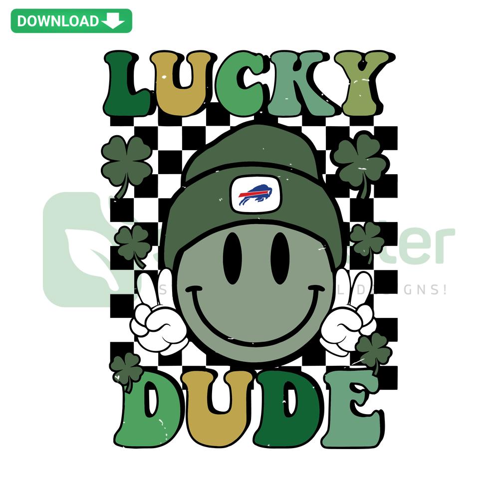 Buffalo Bills SVG design featuring a smiling face with Lucky Dude text, perfect for Bills fans. Instant digital download.