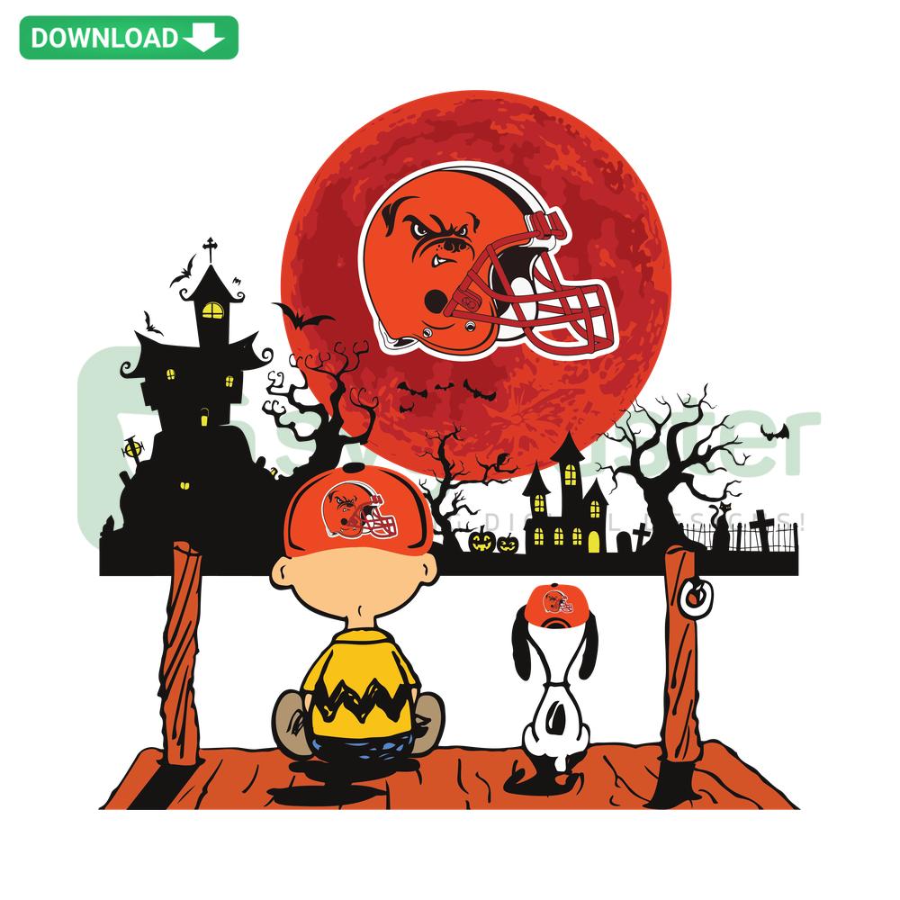 Charlie Brown and Snoopy watch Cleveland Browns SVG, SVG cut files; cartoon characters in football fan design.
