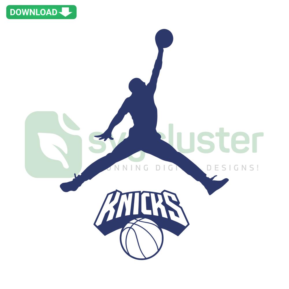 New York Knicks Jordan Logo SVG Download: Bold blue/orange design featuring iconic Jumpman silhouette from SVGCluster Digital Assets.