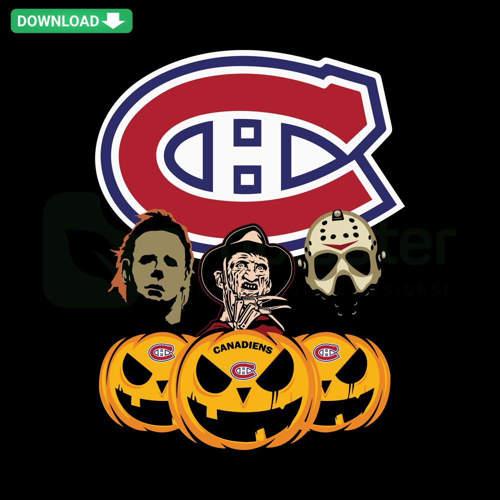 Montreal Canadiens-themed Halloween pumpkin SVG featuring horror movie motifs, editable digital design file.