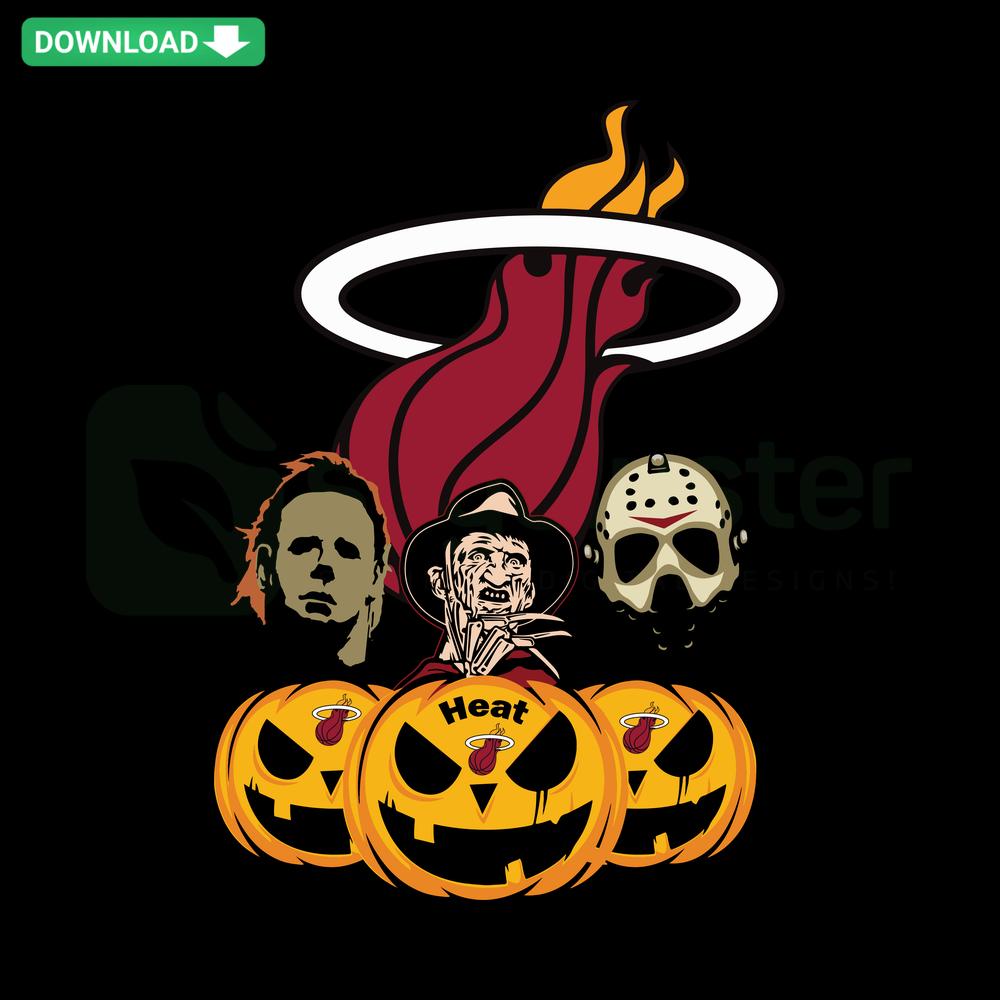Miami Heat pumpkin SVG featuring horror movie motifs, vector graphics download suitable for Halloween-themed designs.