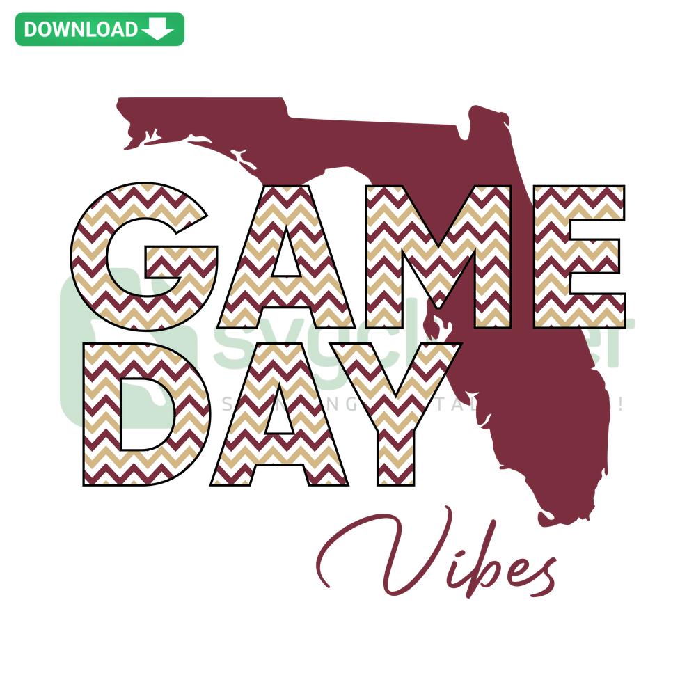 Florida State Football Game Day Vibes SVG Design: Bold text, football graphics, perfect for home decor, sports fan collection.