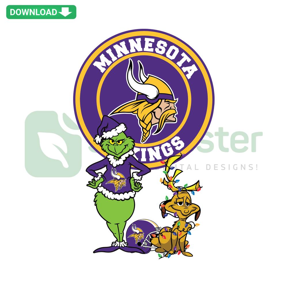 Grinch and Max in Minnesota Vikings gear, SVG digital download, editable vector files, sports-themed Christmas design.
