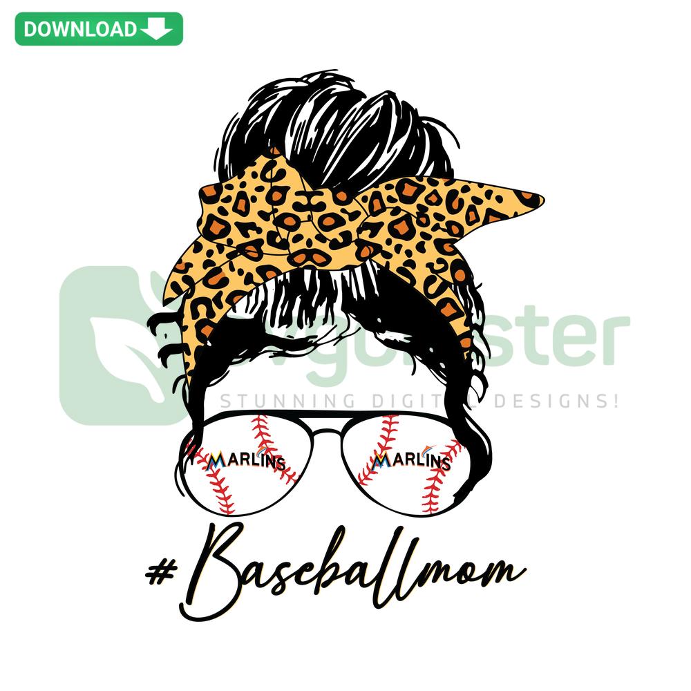 Miami Marlins Baseball Mom SVG design featuring team logo, sport-themed graphics, and Baseball Mom text; instant download available.