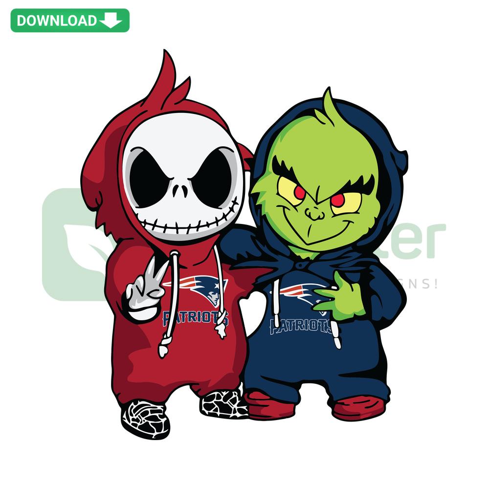 Jack and Grinch New England Patriots SVG, featuring Grinch holding a football, Jack Skellington in a Patriots jersey, printable craft design.