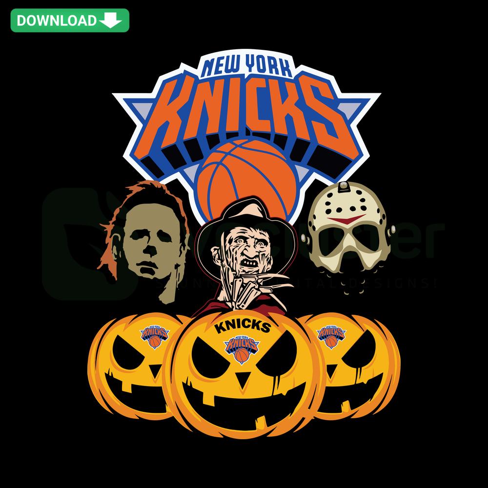 Halloween Horror Movie Pumpkin New York Knicks SVG, sports-themed pumpkin face with Knicks logo, SVG Design Downloads.