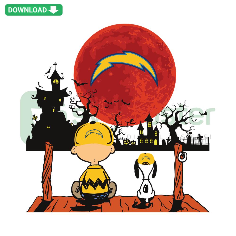 Charlie Brown and Snoopy watching Los Angeles Chargers SVG, Cricut design files, digital graphic for crafting and sports fans.