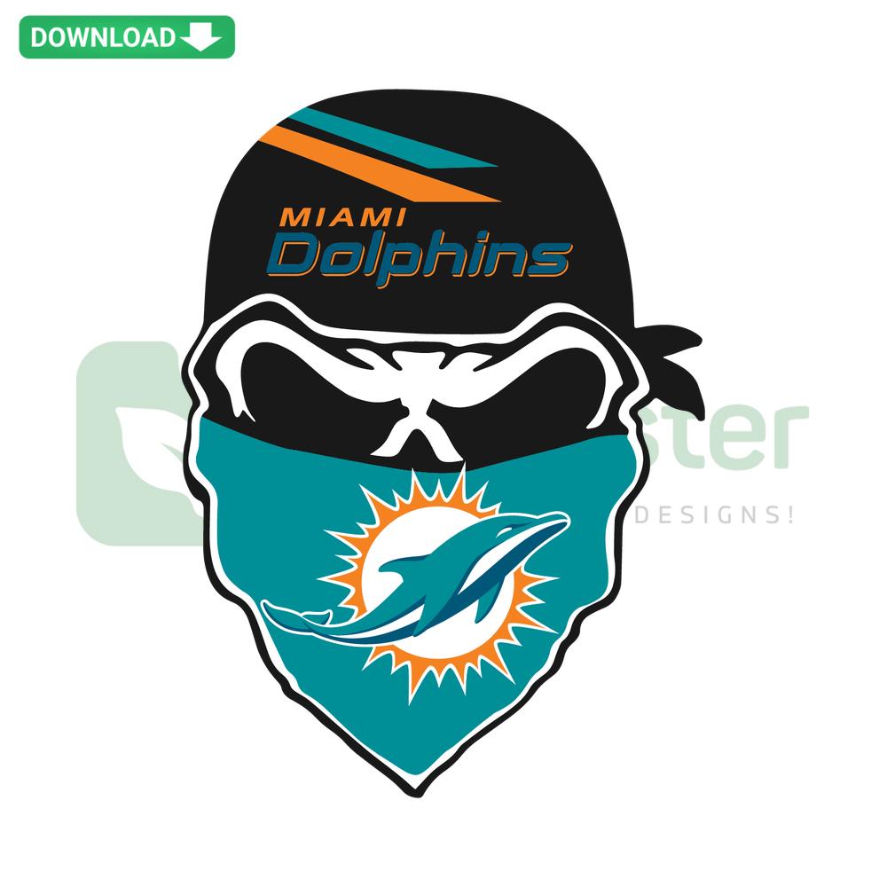 Miami Dolphins Skull SVG, Cricut Clip Art featuring a stylized skull with Dolphins logo, perfect for crafts and sports fans.
