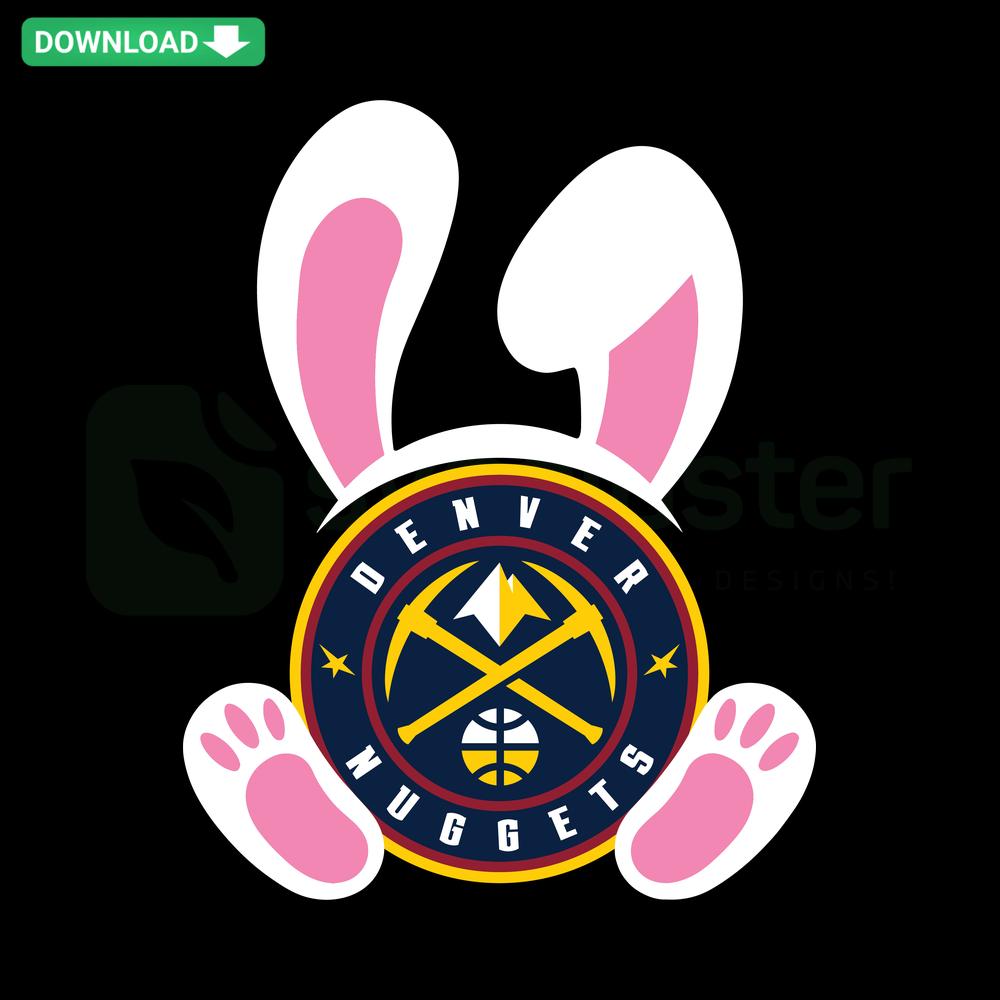 Denver Nuggets Easter Bunny SVG: Cartoon bunny in Nuggets jersey, holding basketball, playful design, digital download, SVG clip art.