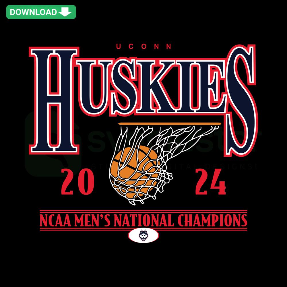 UConn Huskies Net 2024 NCAA Men's Basketball Champions SVG, unique vector design, featuring team logo and trophy elements.