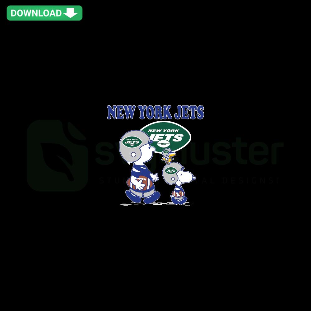 Charlie Brown, Snoopy wearing New York Jets gear; SVG file for wall art, perfect for football fans and peanuts lovers.