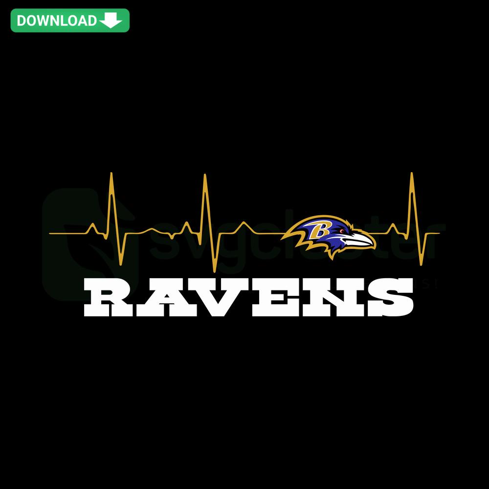 Stylized raven integrated with heartbeat line, Ravens Heartbeat SVG, perfect for Cricut wall art digital download.