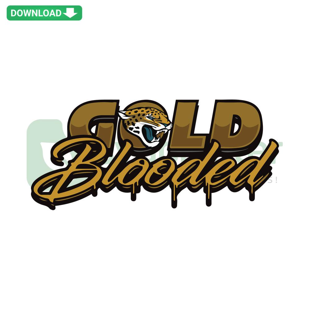 Gold Blooded Jacksonville Jaguars SVG, vibrant gold text with jaguar print, perfect for scrapbooking and crafting designs.