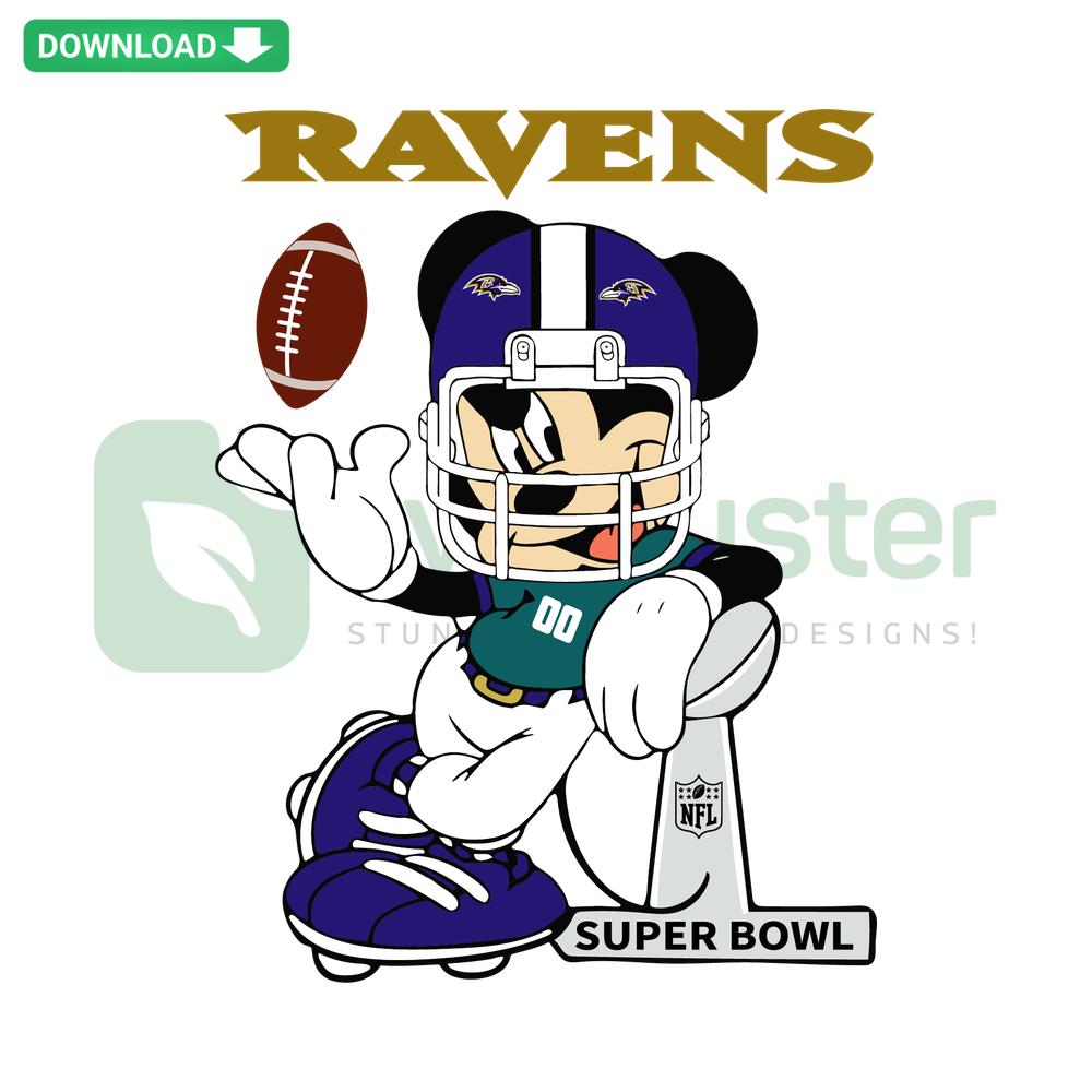 Mickey Mouse in Baltimore Ravens gear, SVG digital download, commercial use, sport-themed design, Ravens SVG file.