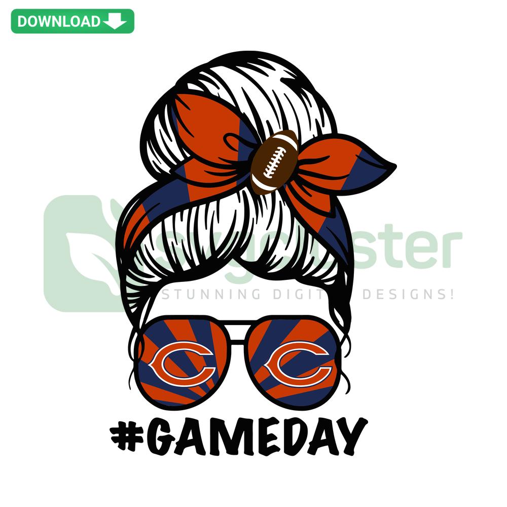Chicago Bears Messy Bun Mom Game Day SVG featuring a stylish bun with team's logo, perfect for NFL fans and craft downloads.