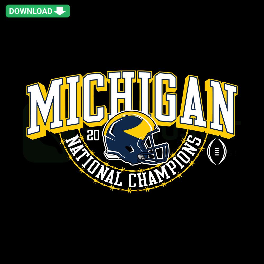 Michigan National Champions Football SVG Design, Downloadable Clip Art, Digital Graphic with Team Colors and Championship Theme.