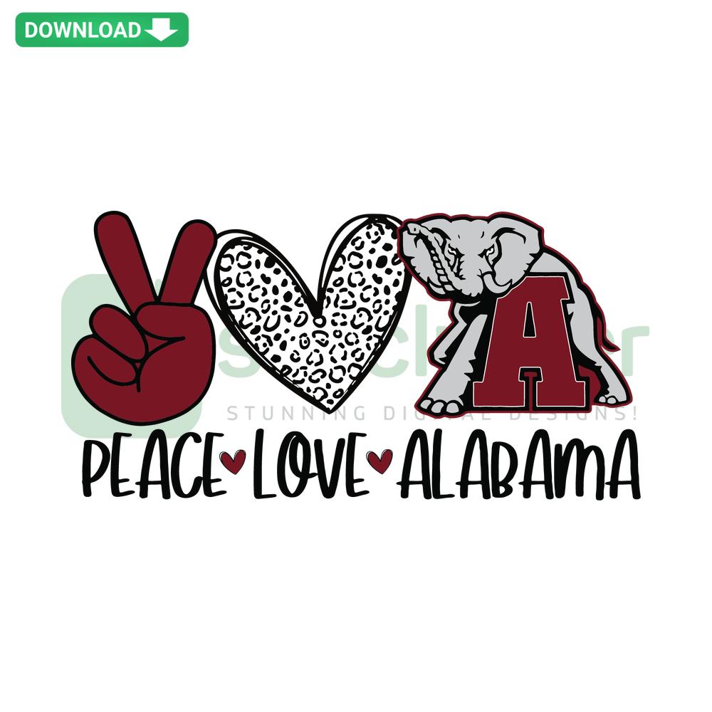 Peace Love Alabama SVG: Custom downloadable design featuring peace sign, heart, and Alabama state shape, perfect for crafts.